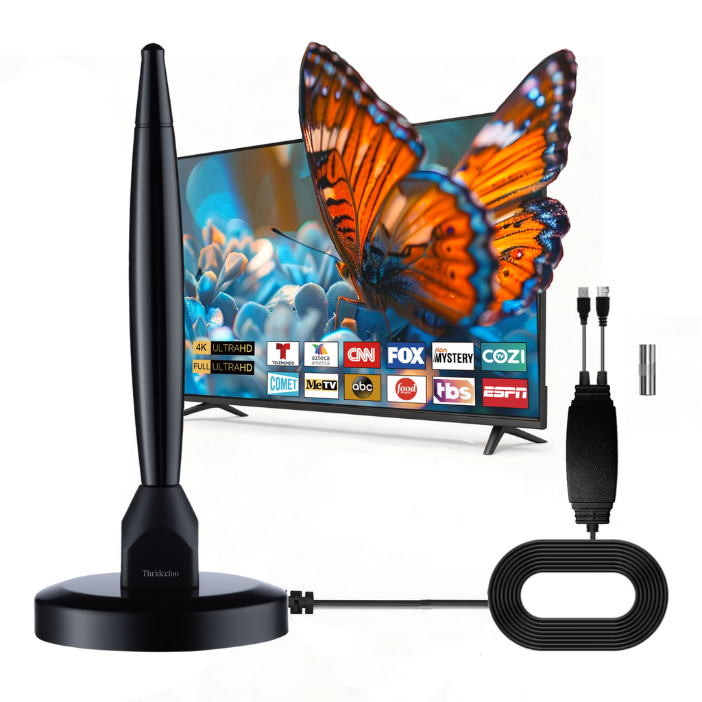 Thridccfoo Indoor TV Antenna with Amplifier, 50-Mile Range, 16 ft Coax Cable, Magnetic Base, 4K 1080p HDTV Antenna for Local Channels, Black