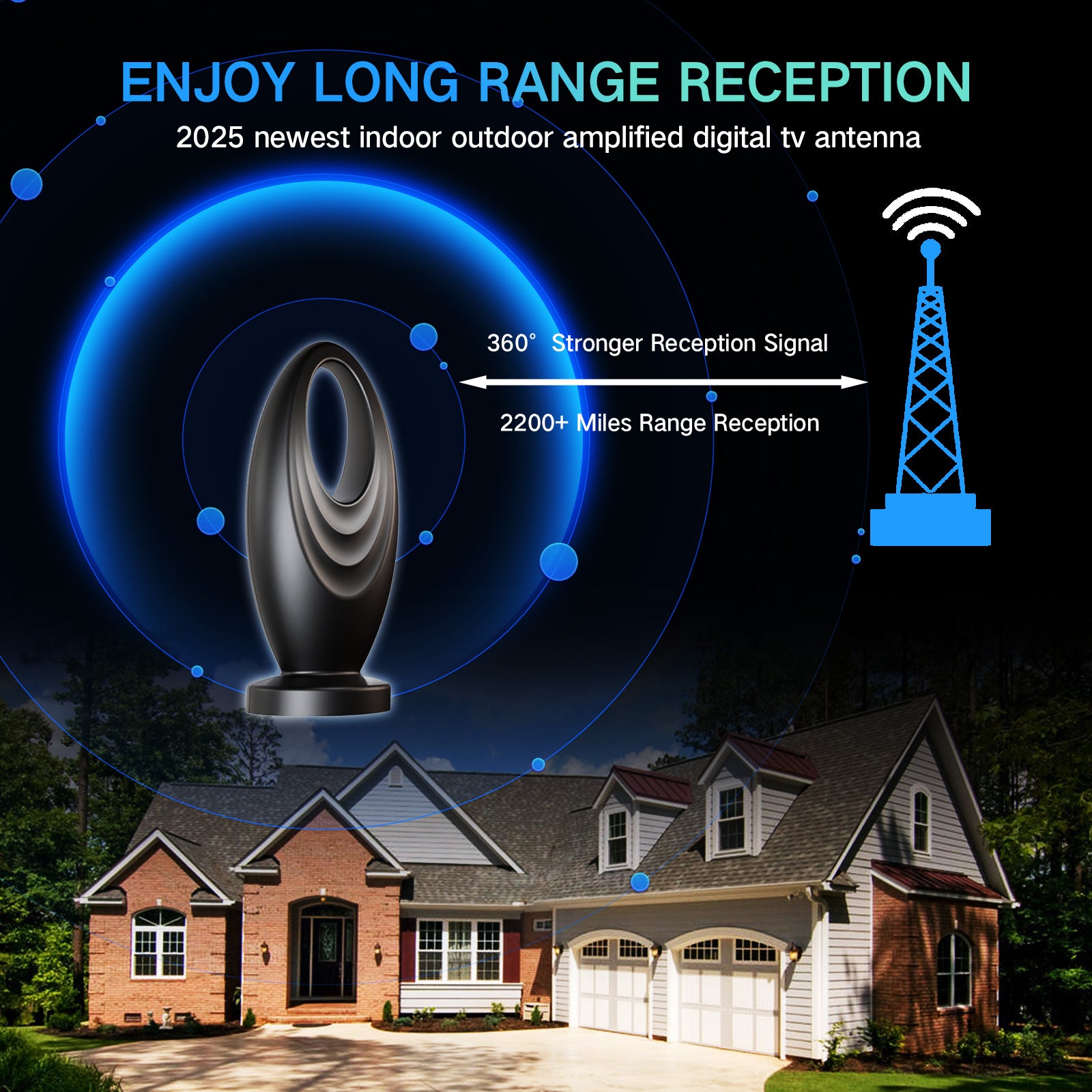 2026 Upgraded 2200+ Miles Range Digital TV Antenna, Indoor 360° Signal Amplified HDTV Antenna Supports 4K 1080P Local Channels for Home RV Camping - 32ft Cable